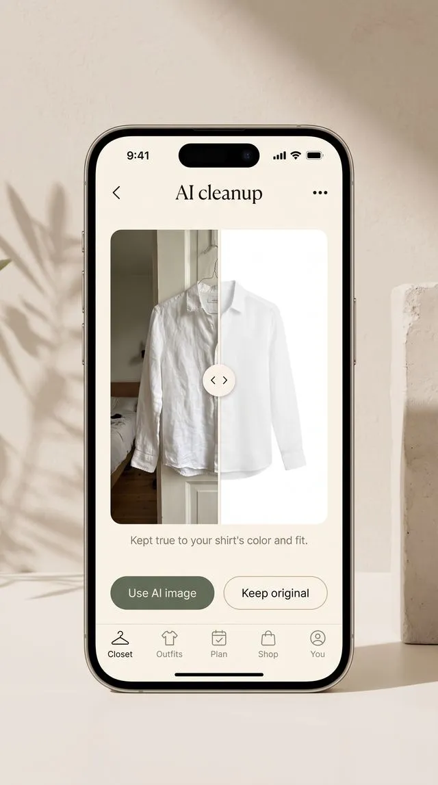 Plinth's AI cleanup screen comparing a wrinkled linen shirt on a door hanger with a crisp white-background version, captioned “Kept true to your shirt's color and fit.”