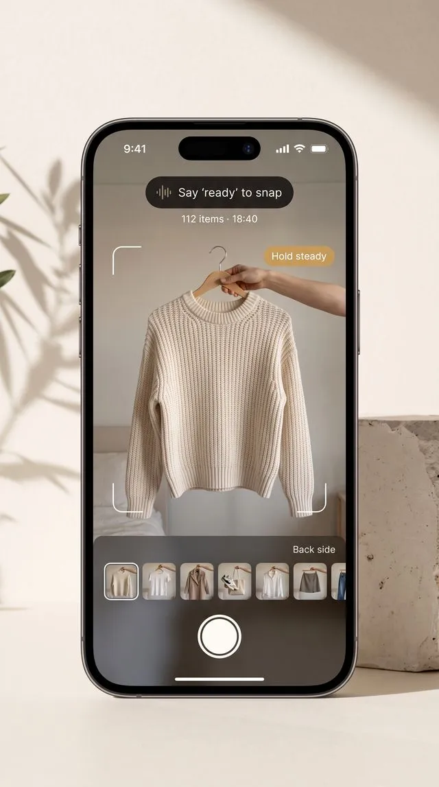 Plinth's capture screen: a cream sweater held up on a hanger, a “Say ‘ready’ to snap” prompt, and a counter reading 112 items in 18 minutes 40 seconds.