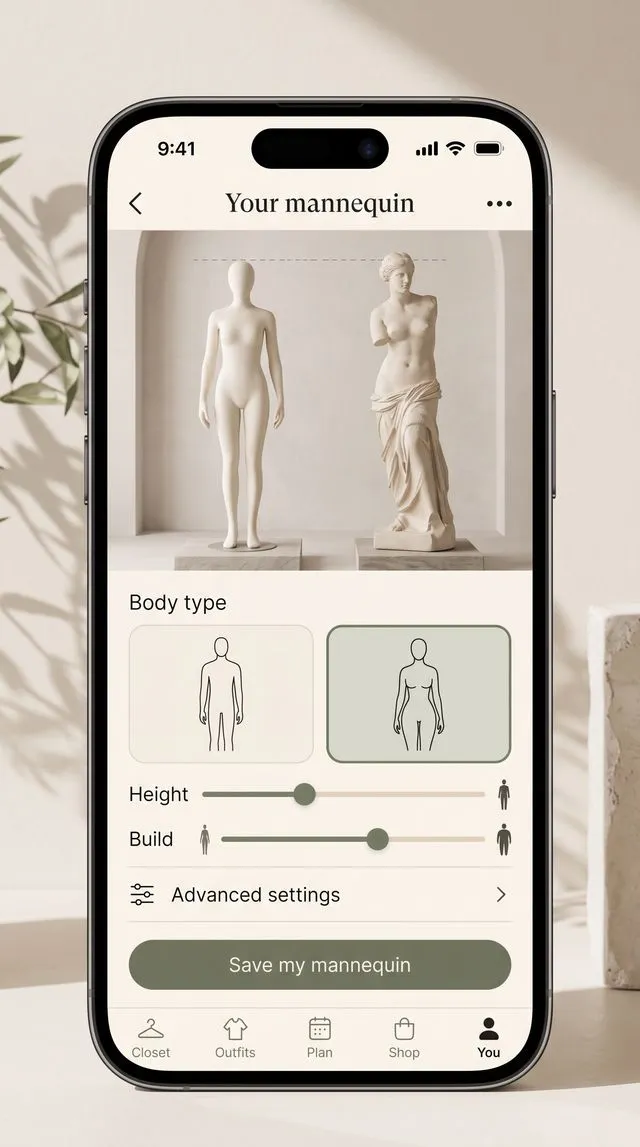 Plinth's mannequin setup: a smooth unclothed mannequin beside a classical statue for scale, two body-type silhouettes, and height and build sliders.