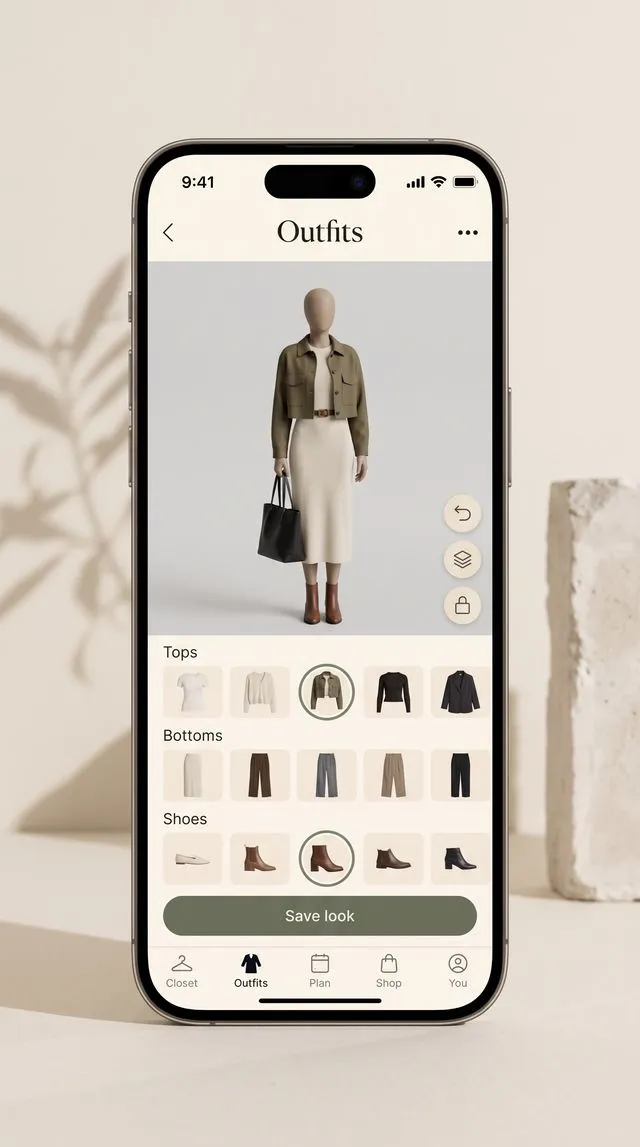 Plinth's outfit builder: a mannequin in an olive cropped jacket, cream knit skirt and brown boots, with rows of tops, bottoms and shoes to swap.