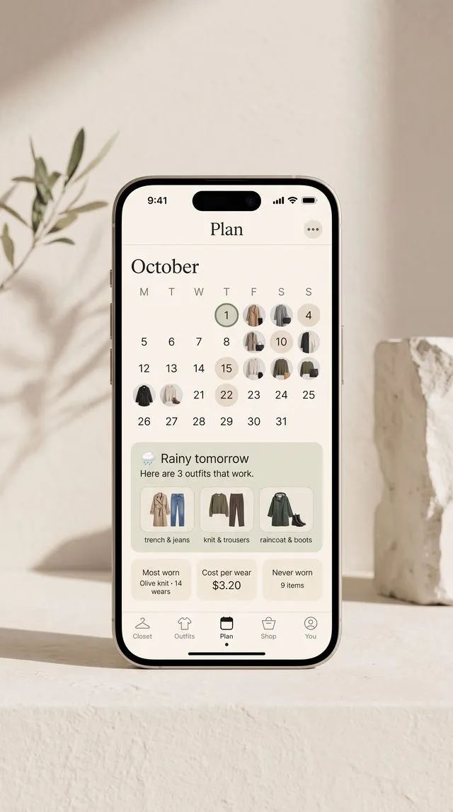 Plinth's Plan screen: an October calendar with outfits on worn days, three suggestions for a rainy tomorrow, and stats for most worn, cost per wear at $3.20 and 9 never-worn items.