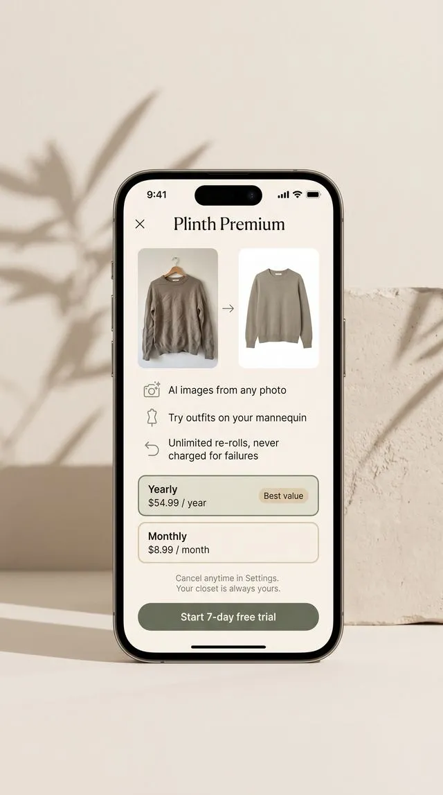 Plinth Premium screen: a rumpled sweater on a hanger beside its clean AI image, with yearly and monthly plans and a free-trial button.