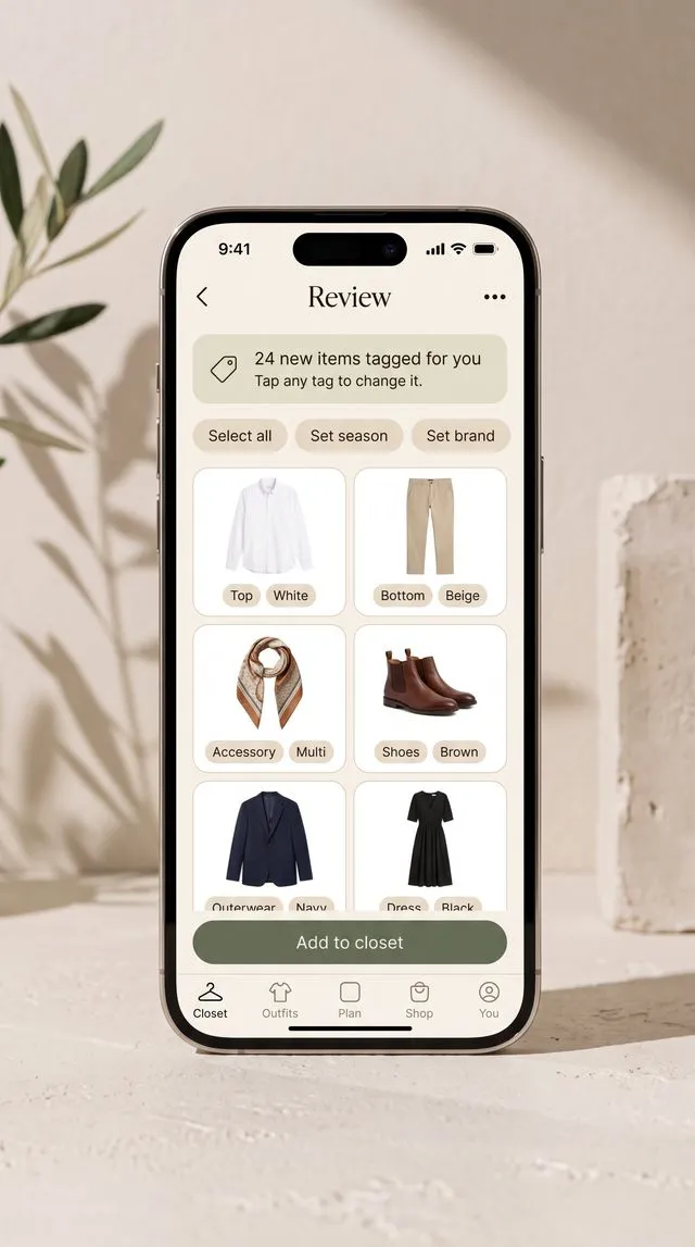 Plinth's review screen: “24 new items tagged for you” above a grid of a white shirt, beige chinos, a silk scarf, brown boots, a navy blazer and a black dress, each with tags.